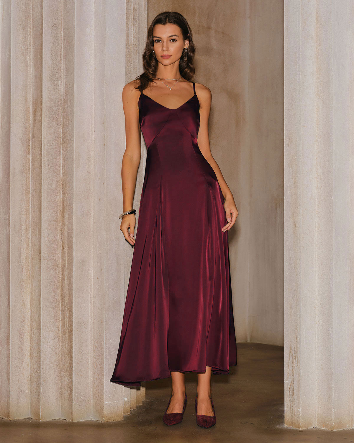 Vinröd Satin A-Linje Slip Maxi Klänning