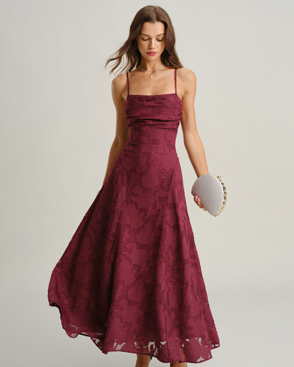 Vinröd Jacquard Slip Maxi Klänning