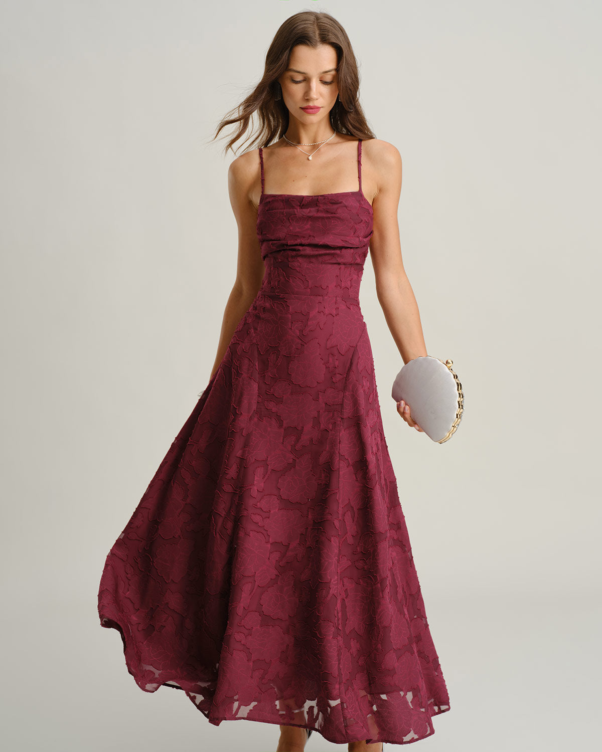 Vinröd Jacquard Slip Maxi Klänning