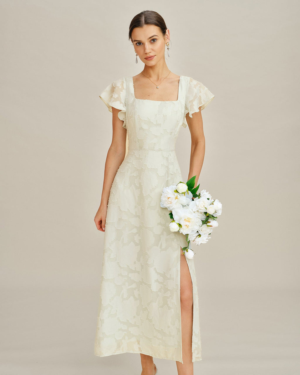 Beige Fyrkantig Hals Jacquard Midi Klänning