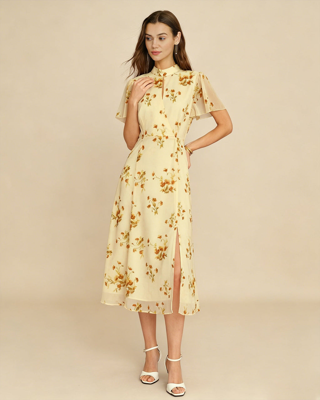Gul Sköldpadda Fjäril Ärmlös Blommig Midi Klänning