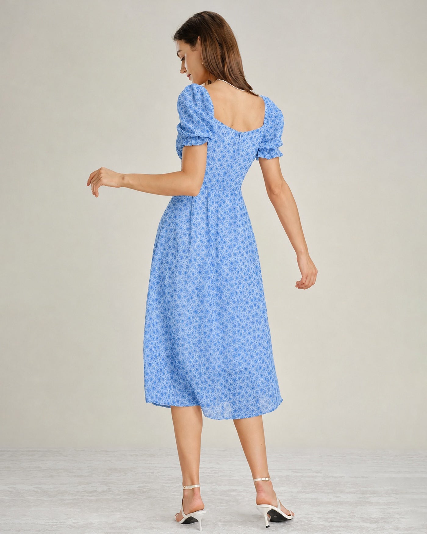 Blå Fyrkantig Halsringning Blommig Chiffon Midi Klänning