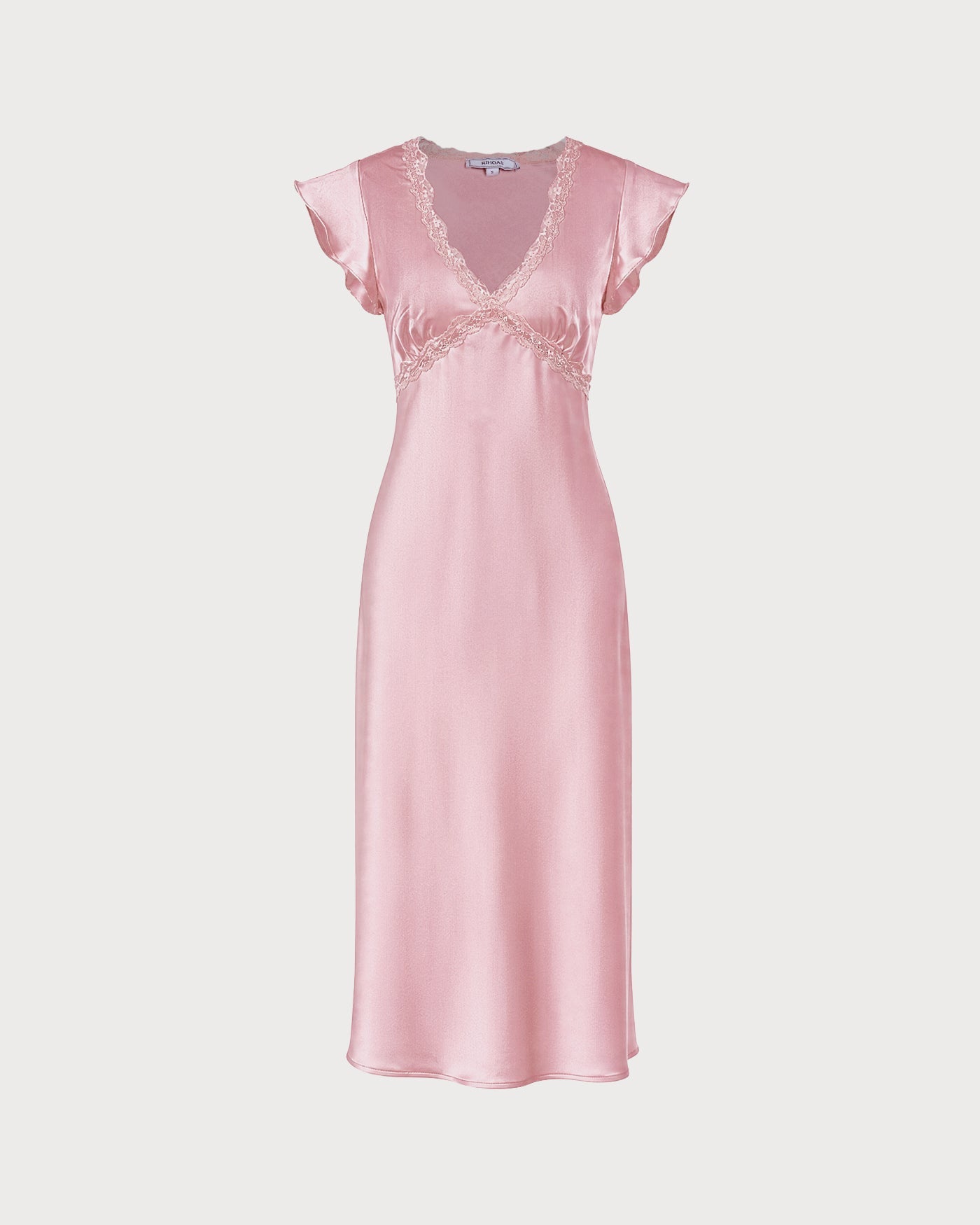 Rosa V-ringad spets satin midi klänning