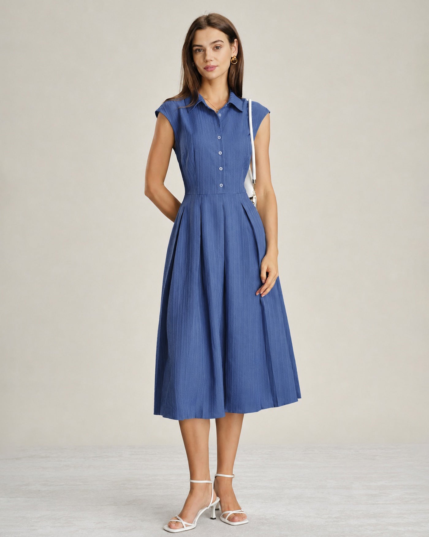 Blå Krage Knappar Midi Klänning