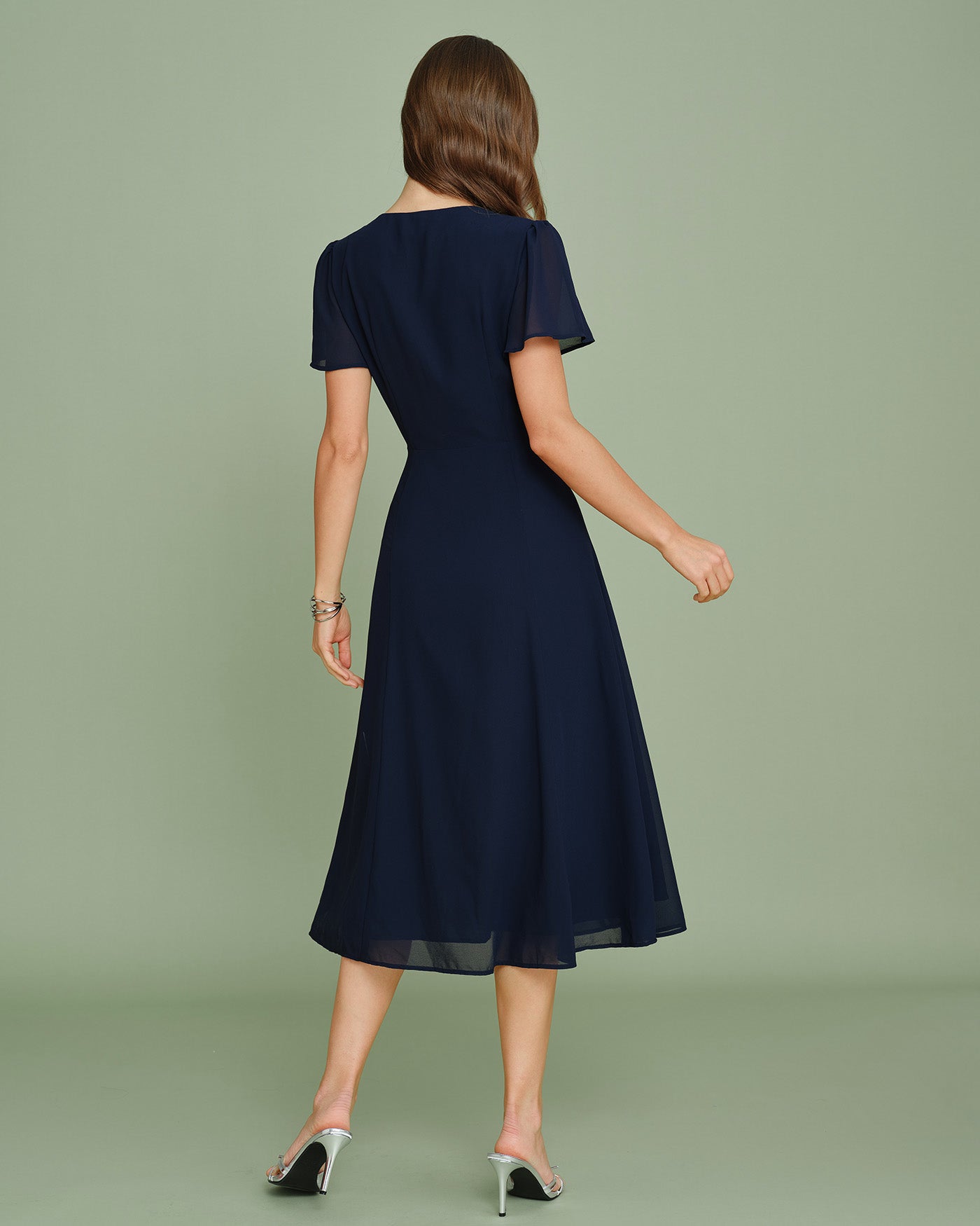 Marinblå Chiffon Midi Klänning