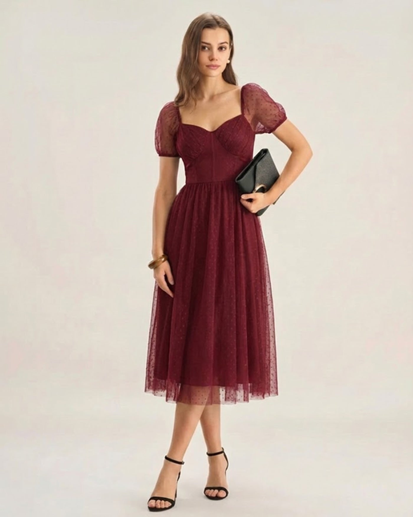 Röd Sweetheart Halsringning Polka Dot Midi Klänning