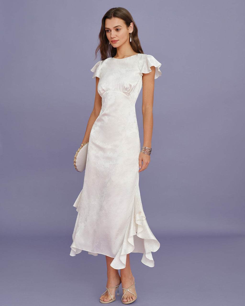 Beige Båt Hals Jacquard Volang Midi Klänning
