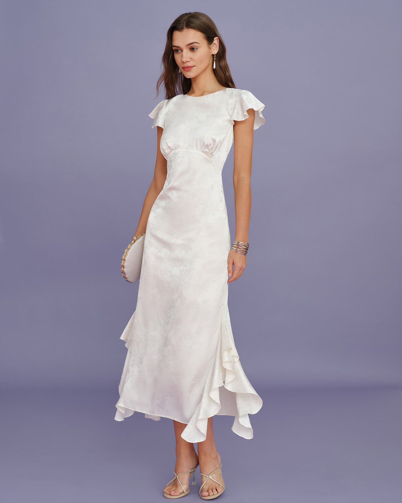 Beige Båt Hals Jacquard Volang Midi Klänning