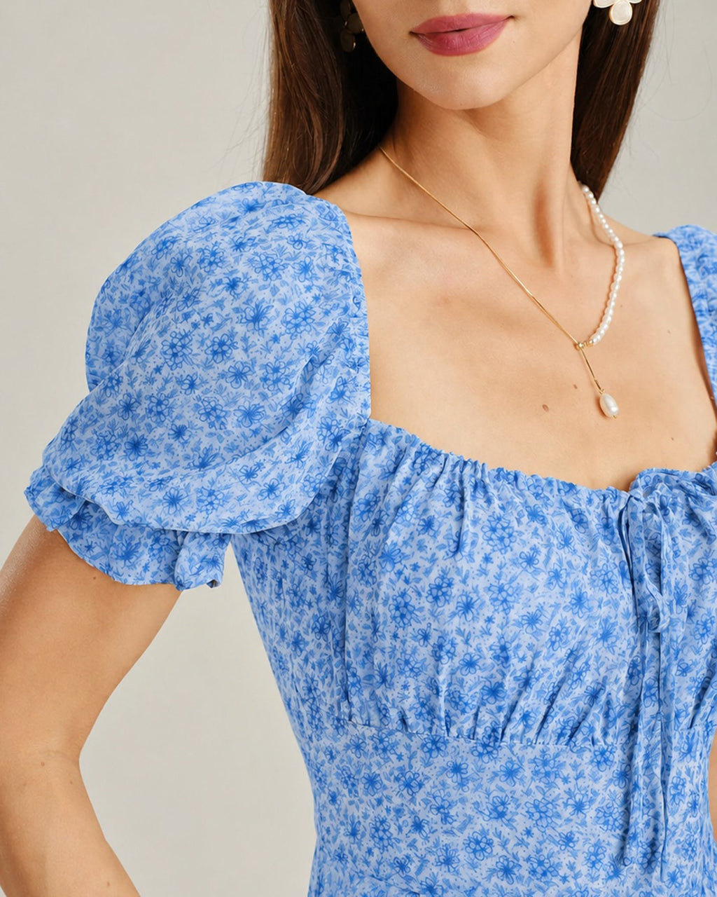 Blå Fyrkantig Halsringning Blommig Chiffon Midi Klänning