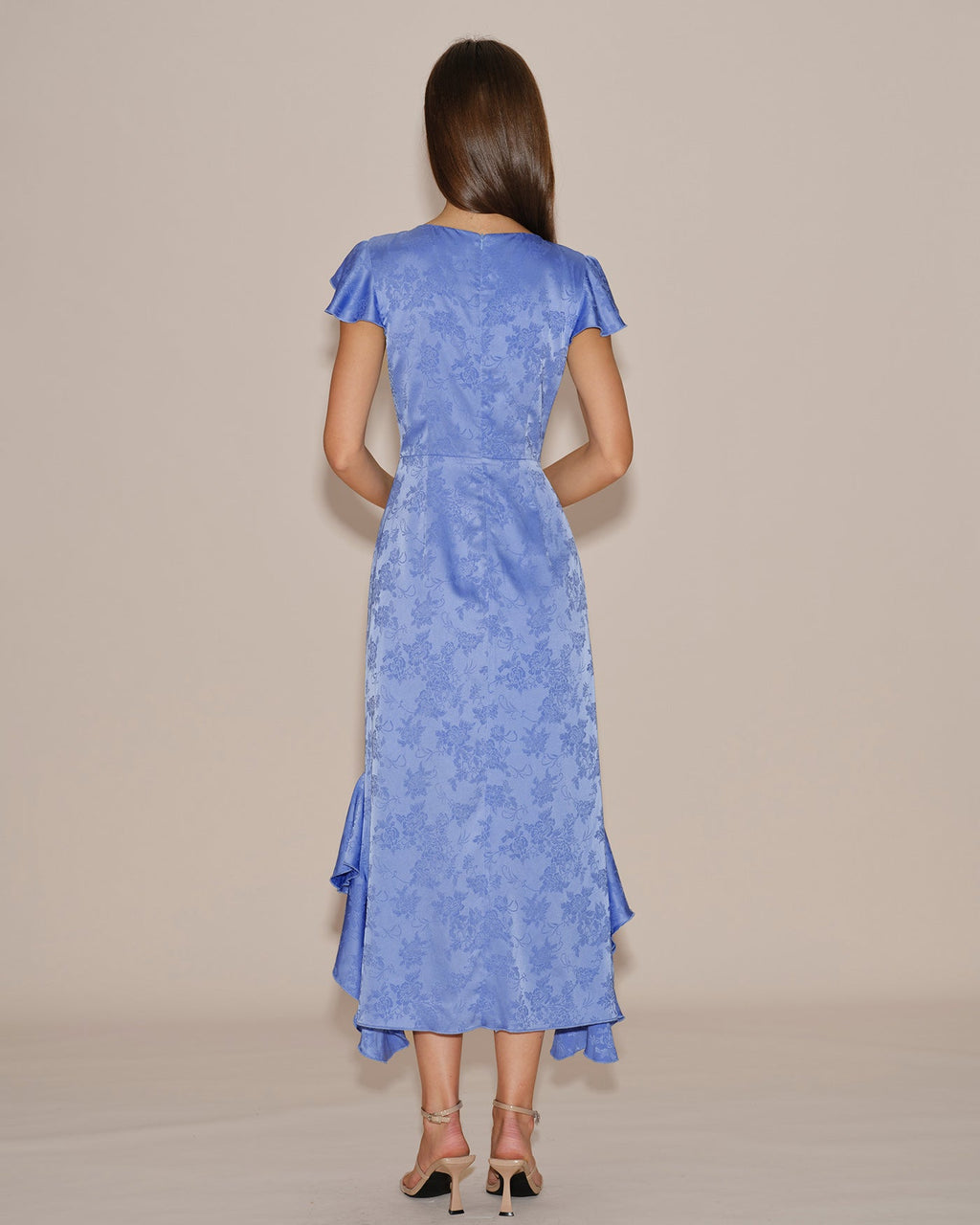 Blå Båthals Jacquard Volang Midi Klänning