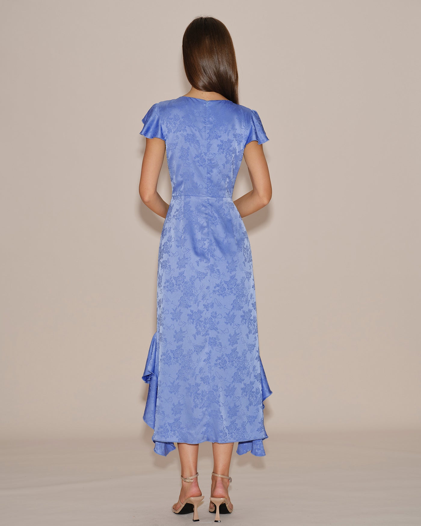 Blå Båthals Jacquard Volang Midi Klänning