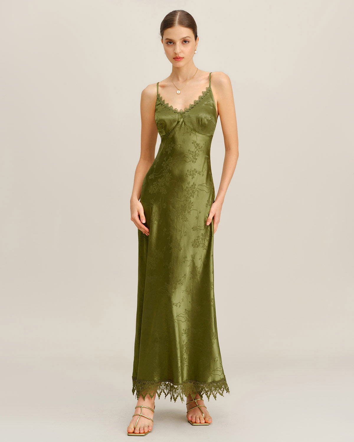 Grön Jacquard Korsett Slip Maxi Klänning