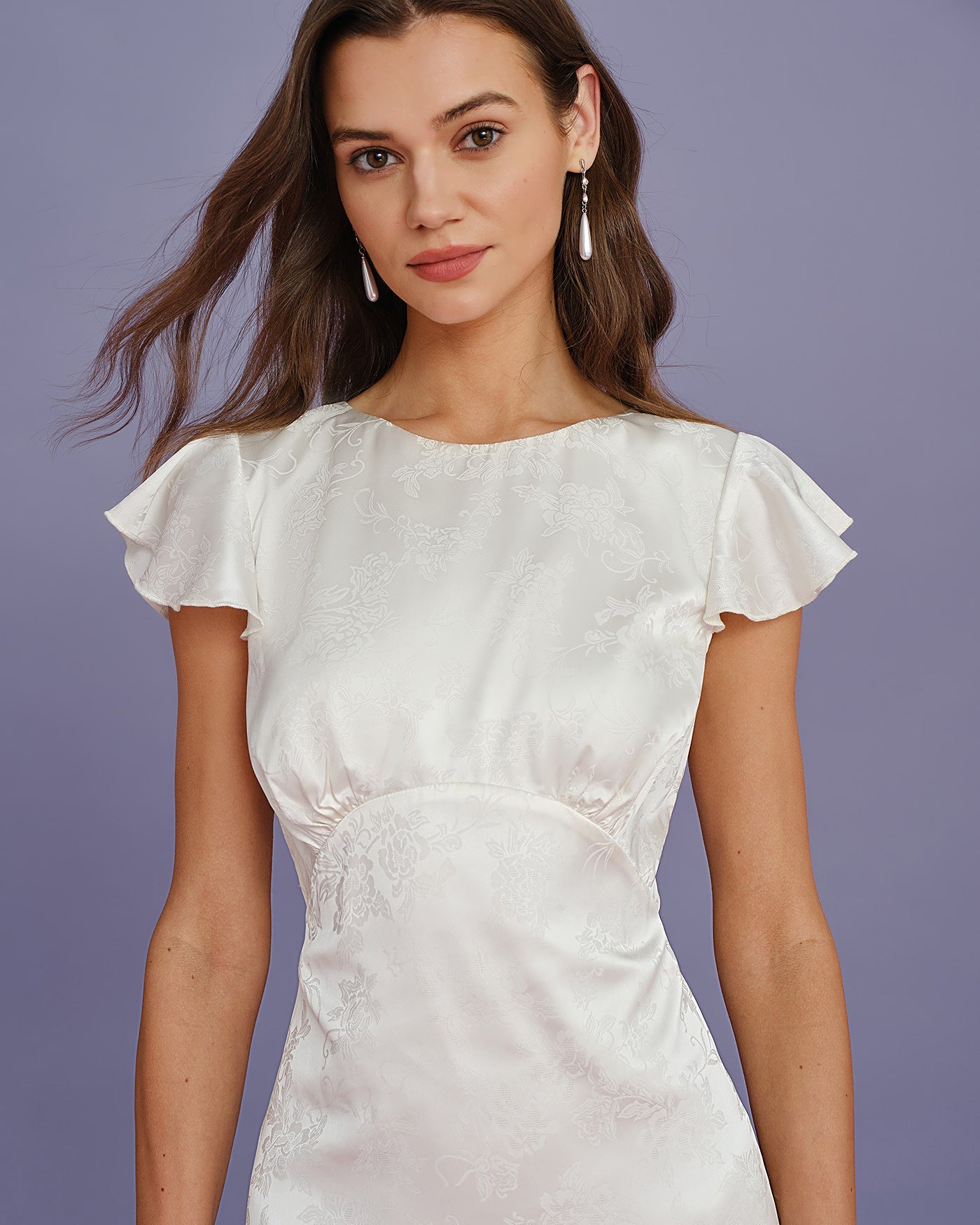 Beige Båt Hals Jacquard Volang Midi Klänning