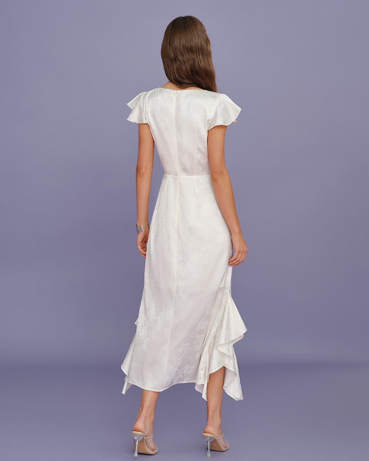 Beige Båt Hals Jacquard Volang Midi Klänning