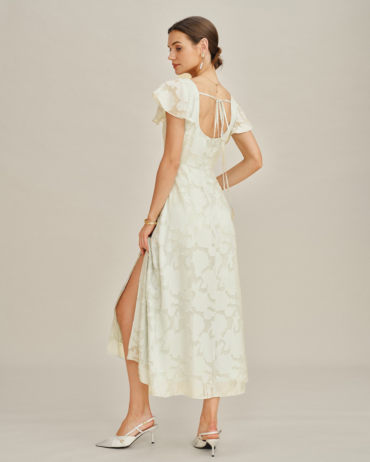 Beige Fyrkantig Hals Jacquard Midi Klänning