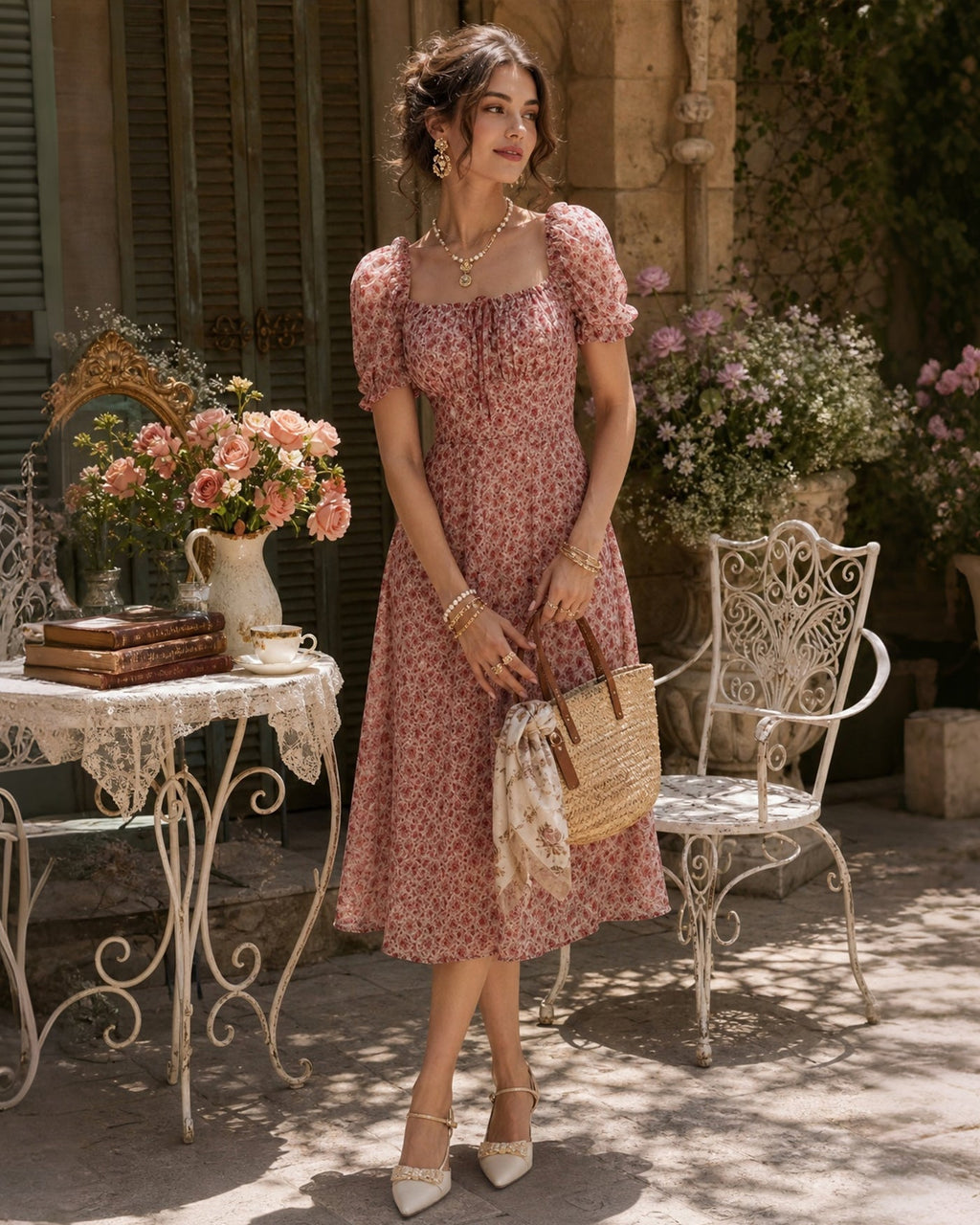 Rosa Fyrkantig Hals Blommig Chiffon Midi Klänning