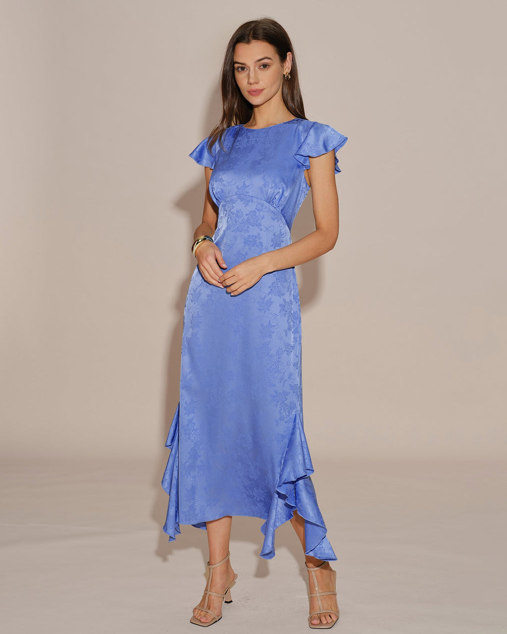 Blå Båthals Jacquard Volang Midi Klänning