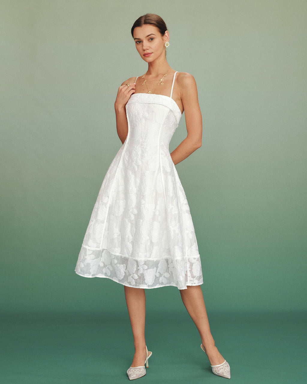Vit Fyrkantig Hals Jacquard Slip Midi Klänning