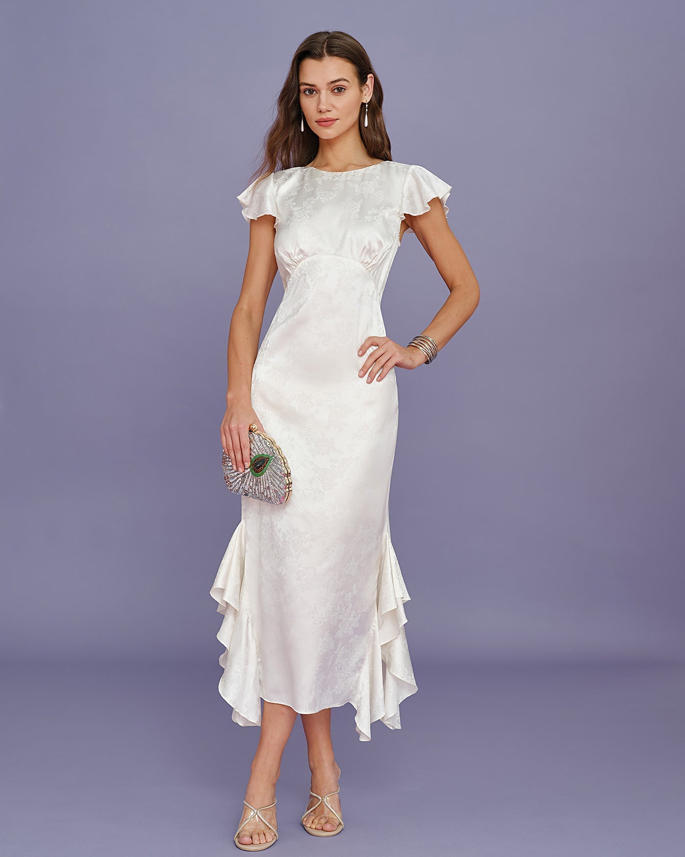 Beige Båt Hals Jacquard Volang Midi Klänning