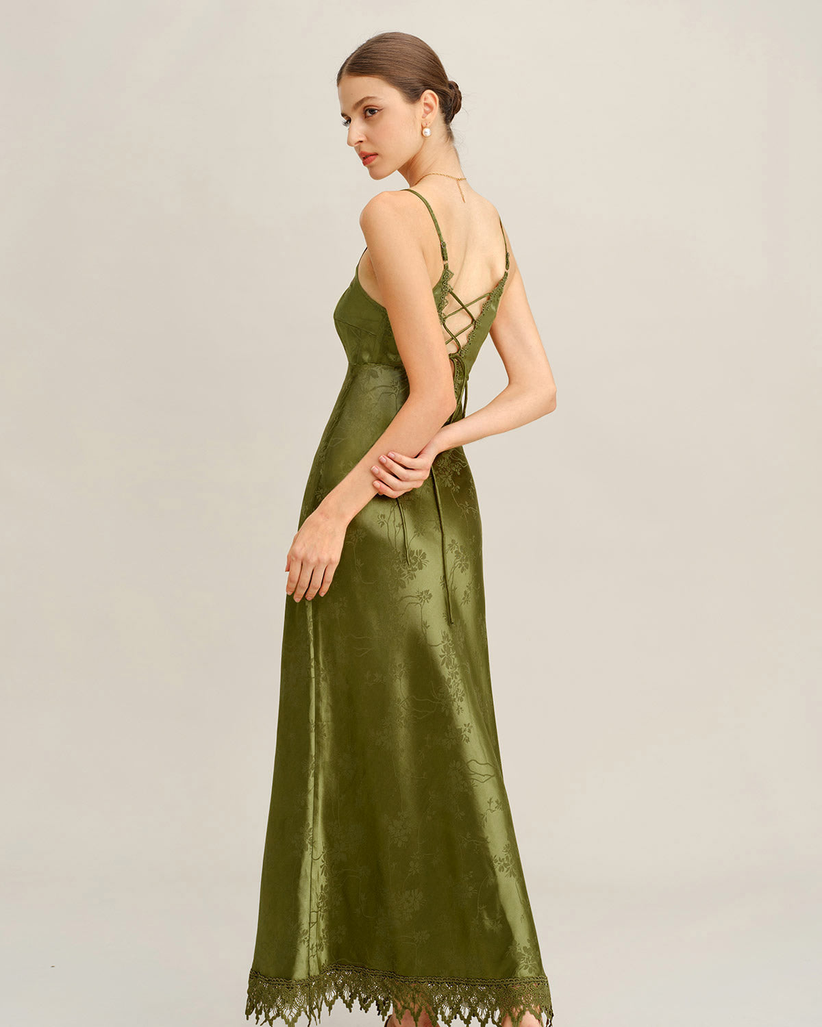 Grön Jacquard Korsett Slip Maxi Klänning