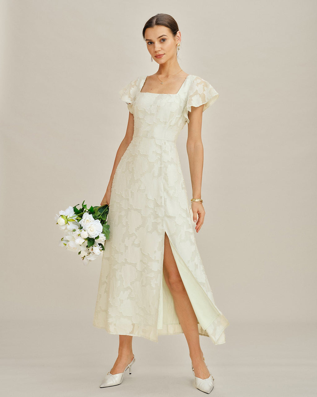 Beige Fyrkantig Hals Jacquard Midi Klänning