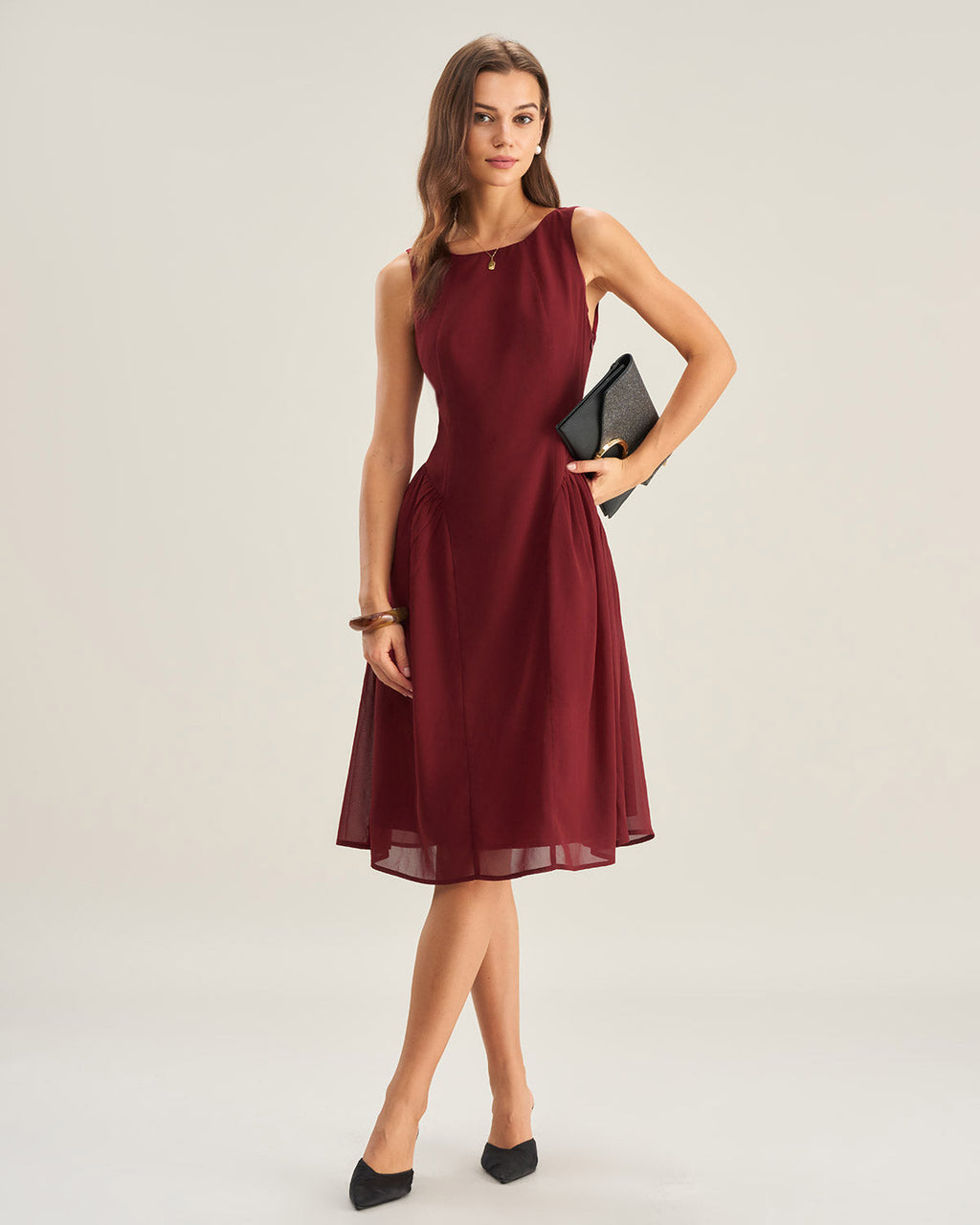Vinröd Chiffon Klänning utan Ärmar Midi