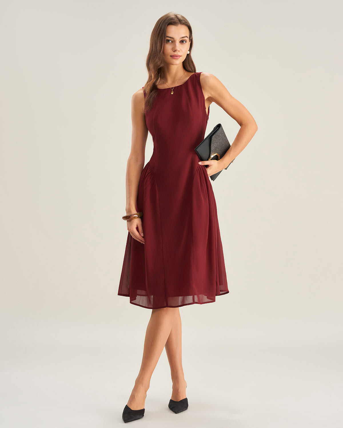 Vinröd Chiffon Klänning utan Ärmar Midi