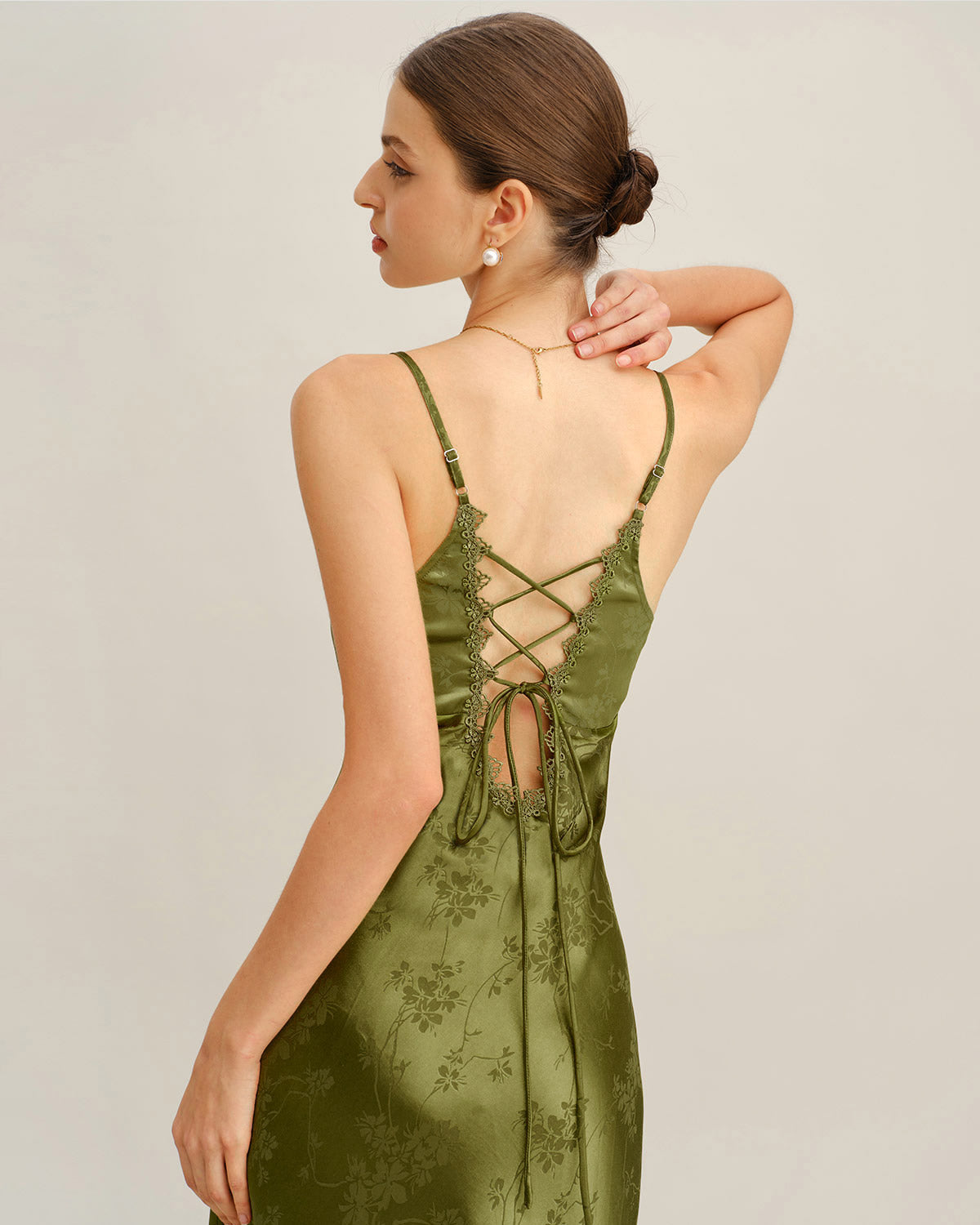 Grön Jacquard Korsett Slip Maxi Klänning