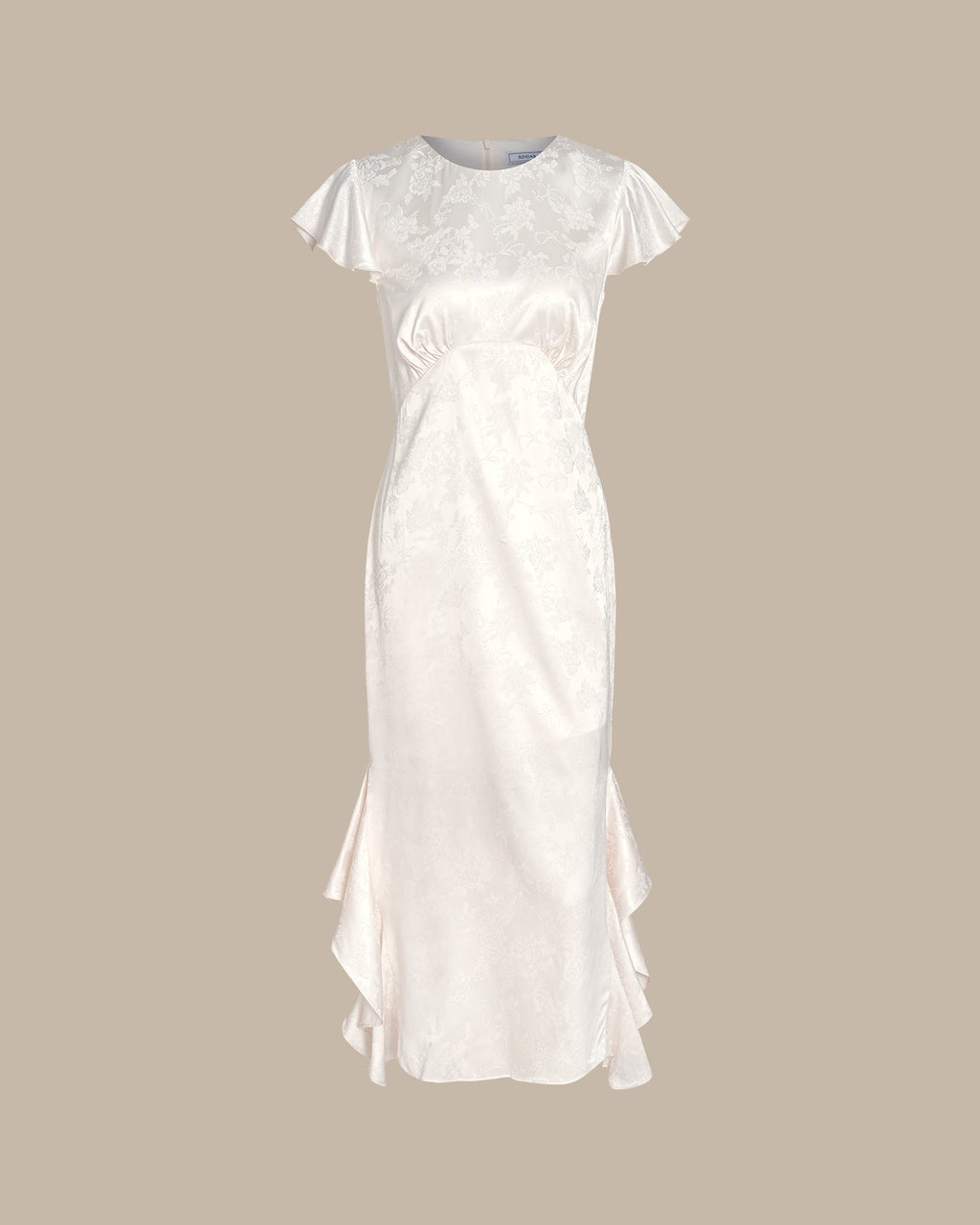 Beige Båt Hals Jacquard Volang Midi Klänning