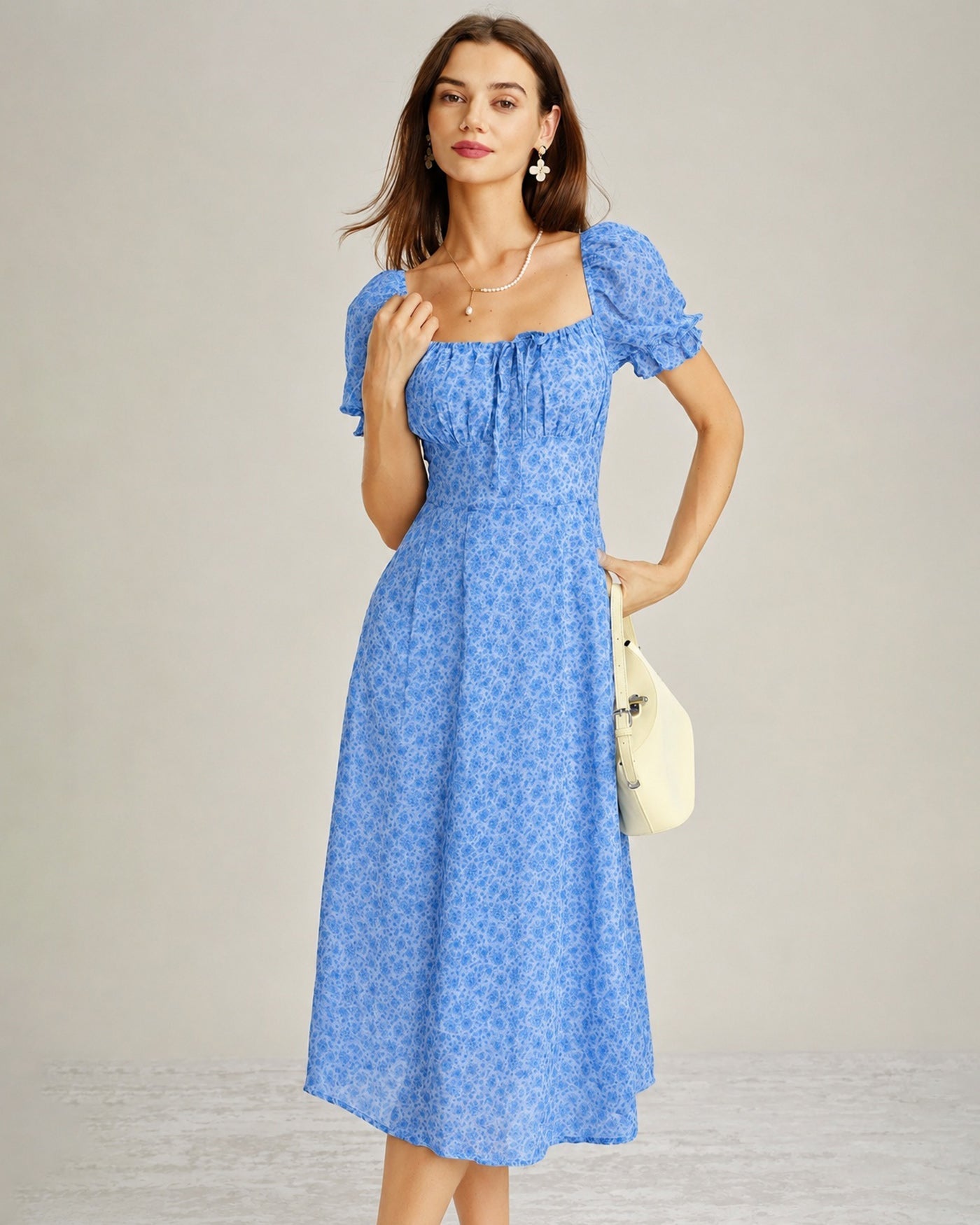 Blå Fyrkantig Halsringning Blommig Chiffon Midi Klänning