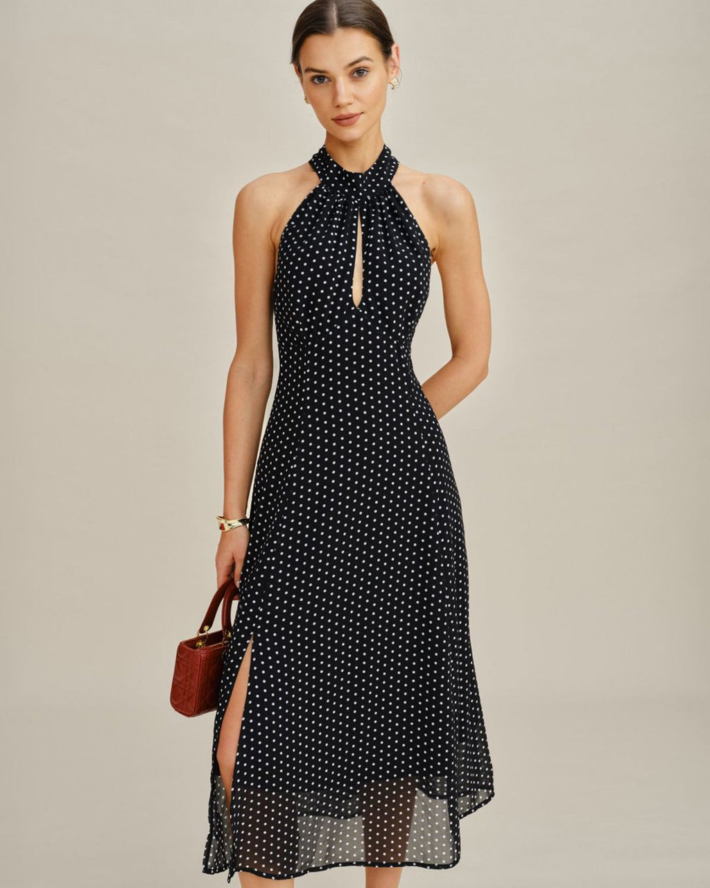 Svart Prickig Halterneck Midi Klänning