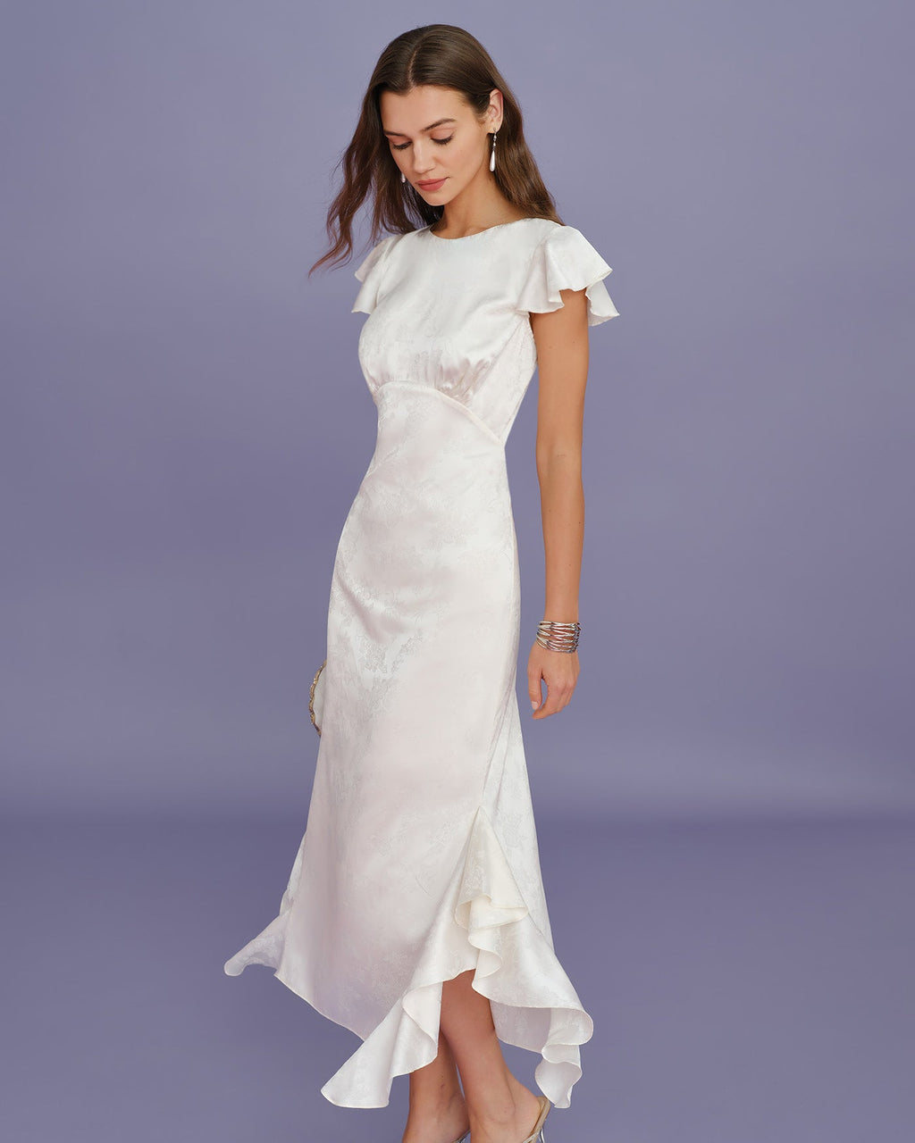 Beige Båt Hals Jacquard Volang Midi Klänning