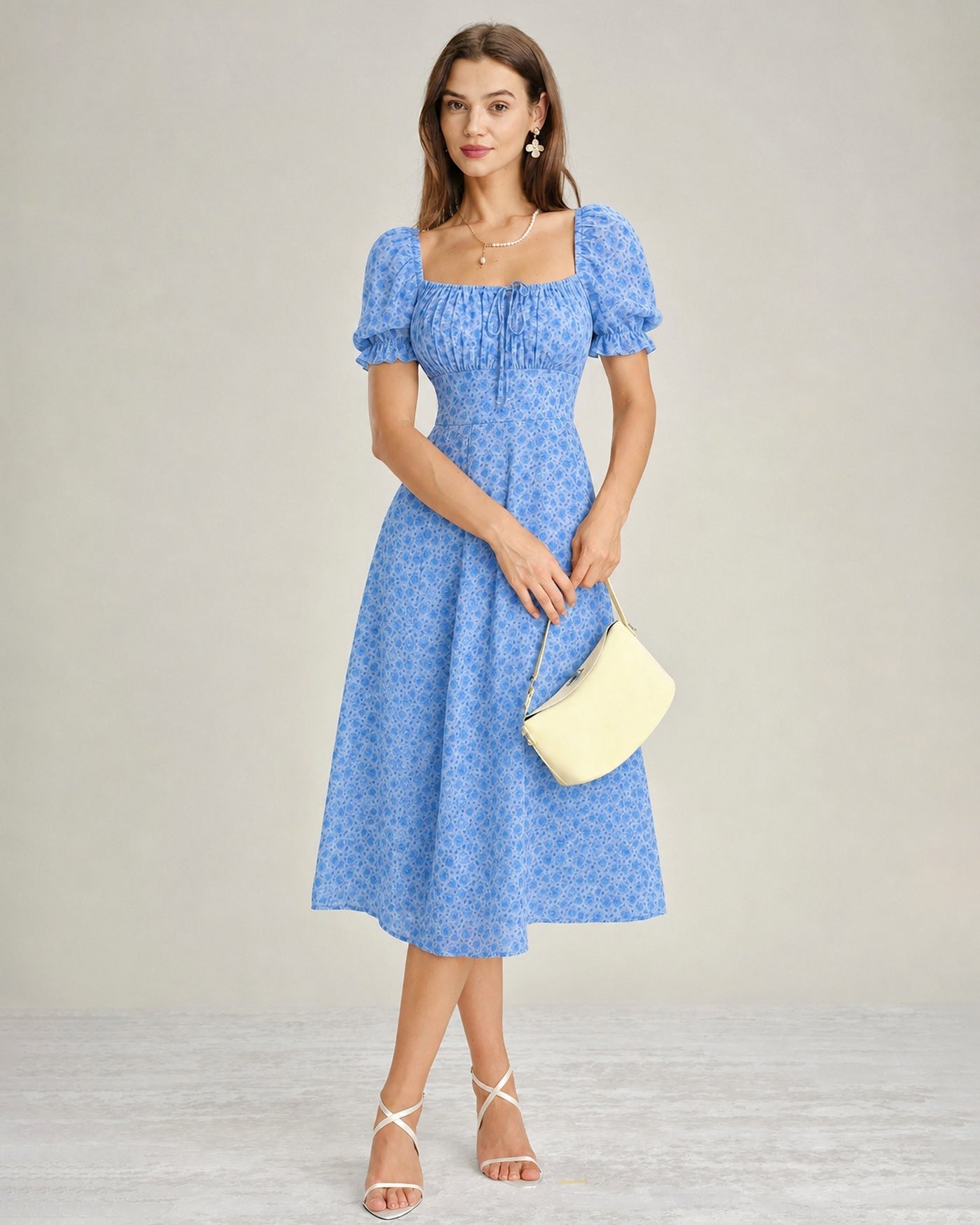 Blå Fyrkantig Halsringning Blommig Chiffon Midi Klänning