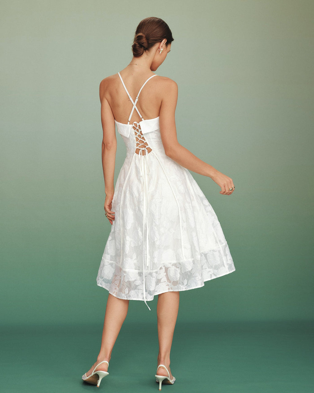 Vit Fyrkantig Hals Jacquard Slip Midi Klänning