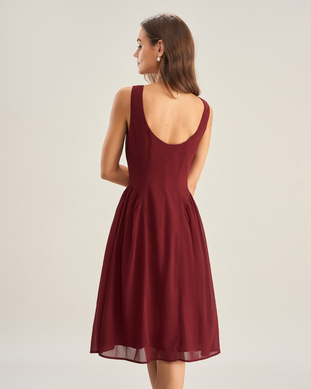 Vinröd Chiffon Klänning utan Ärmar Midi