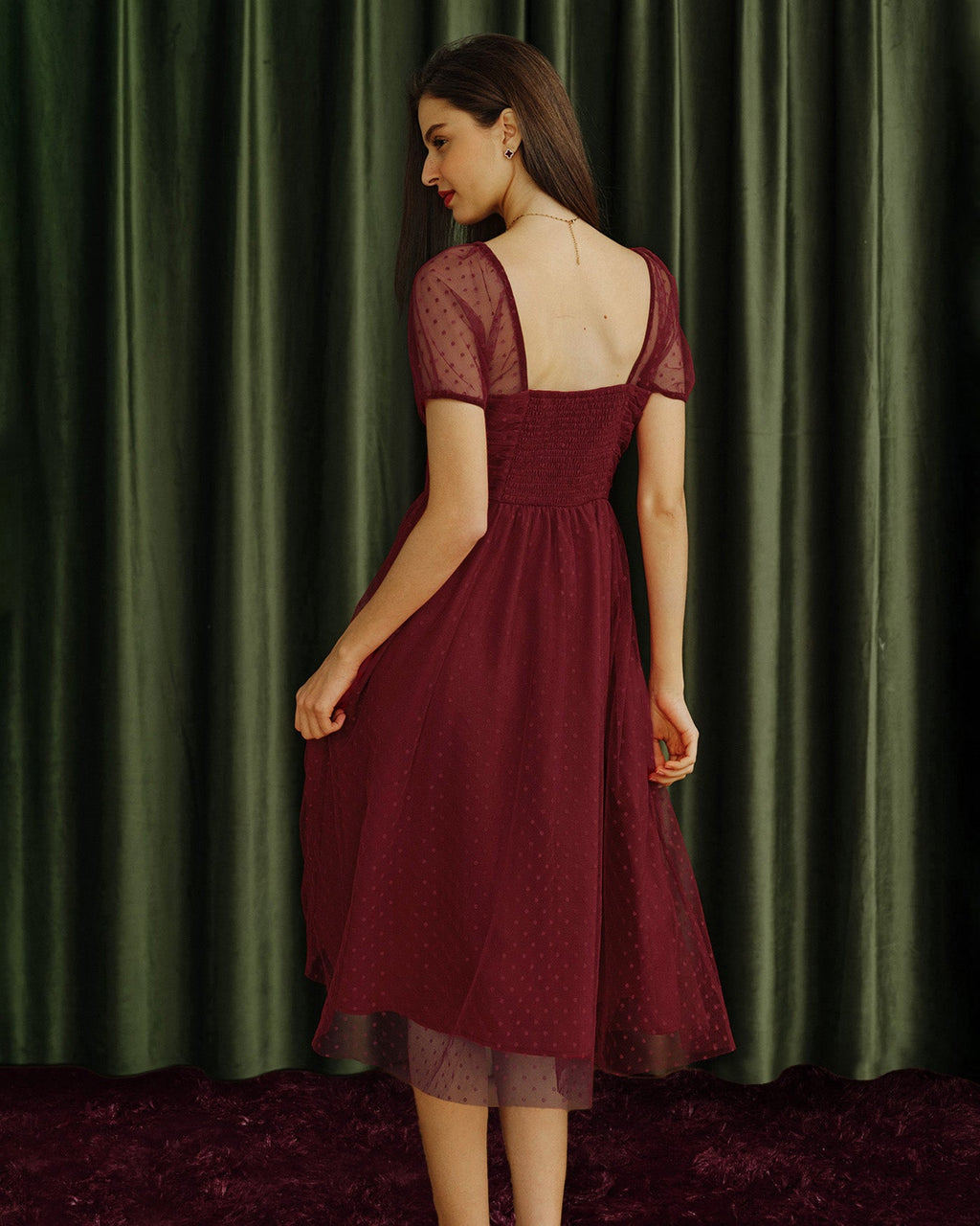 Röd Sweetheart Halsringning Polka Dot Midi Klänning