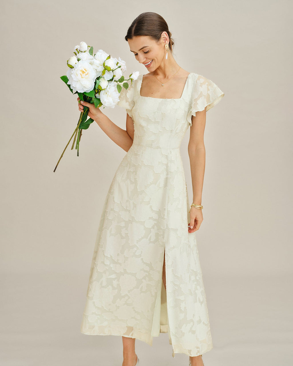 Beige Fyrkantig Hals Jacquard Midi Klänning