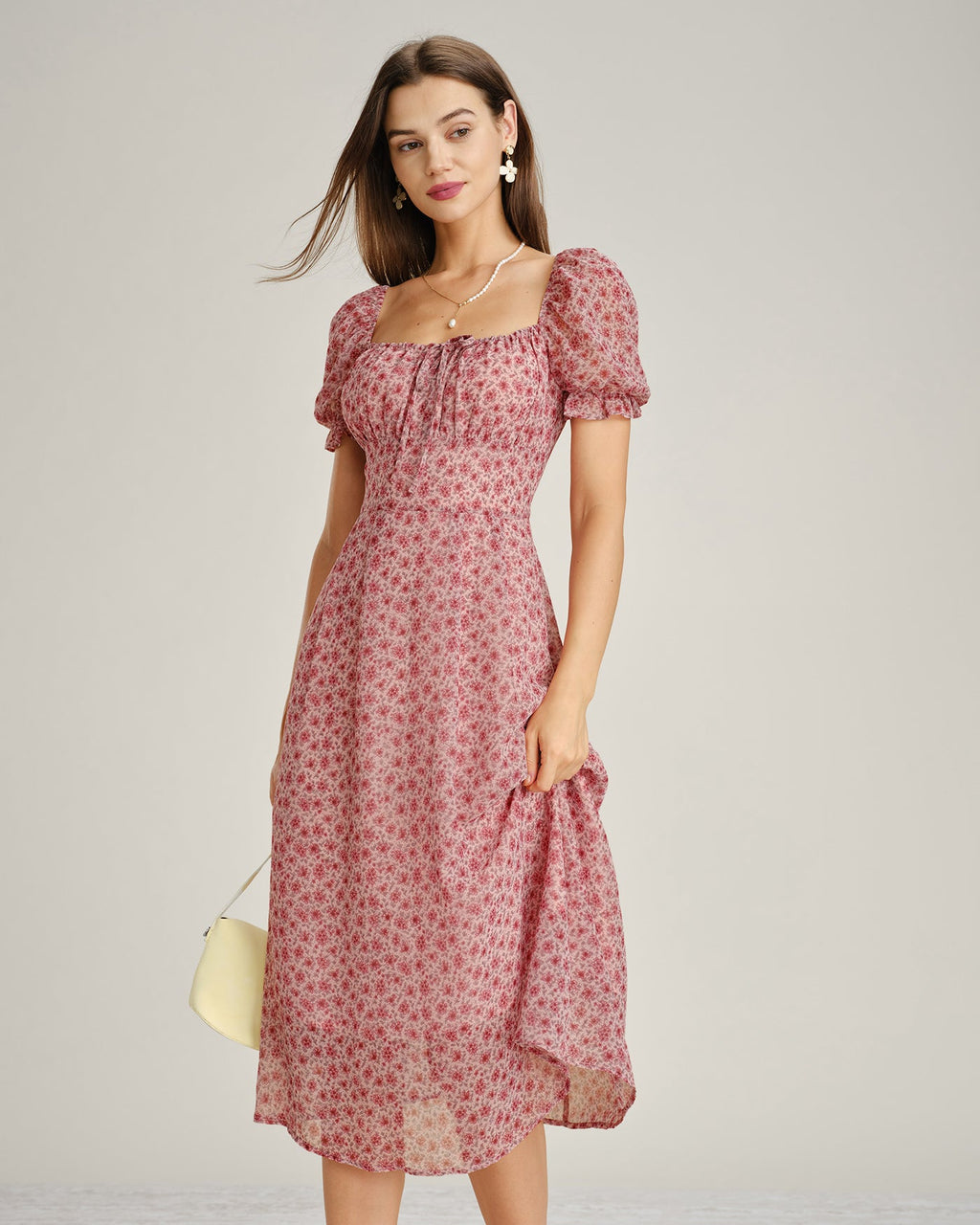 Rosa Fyrkantig Hals Blommig Chiffon Midi Klänning