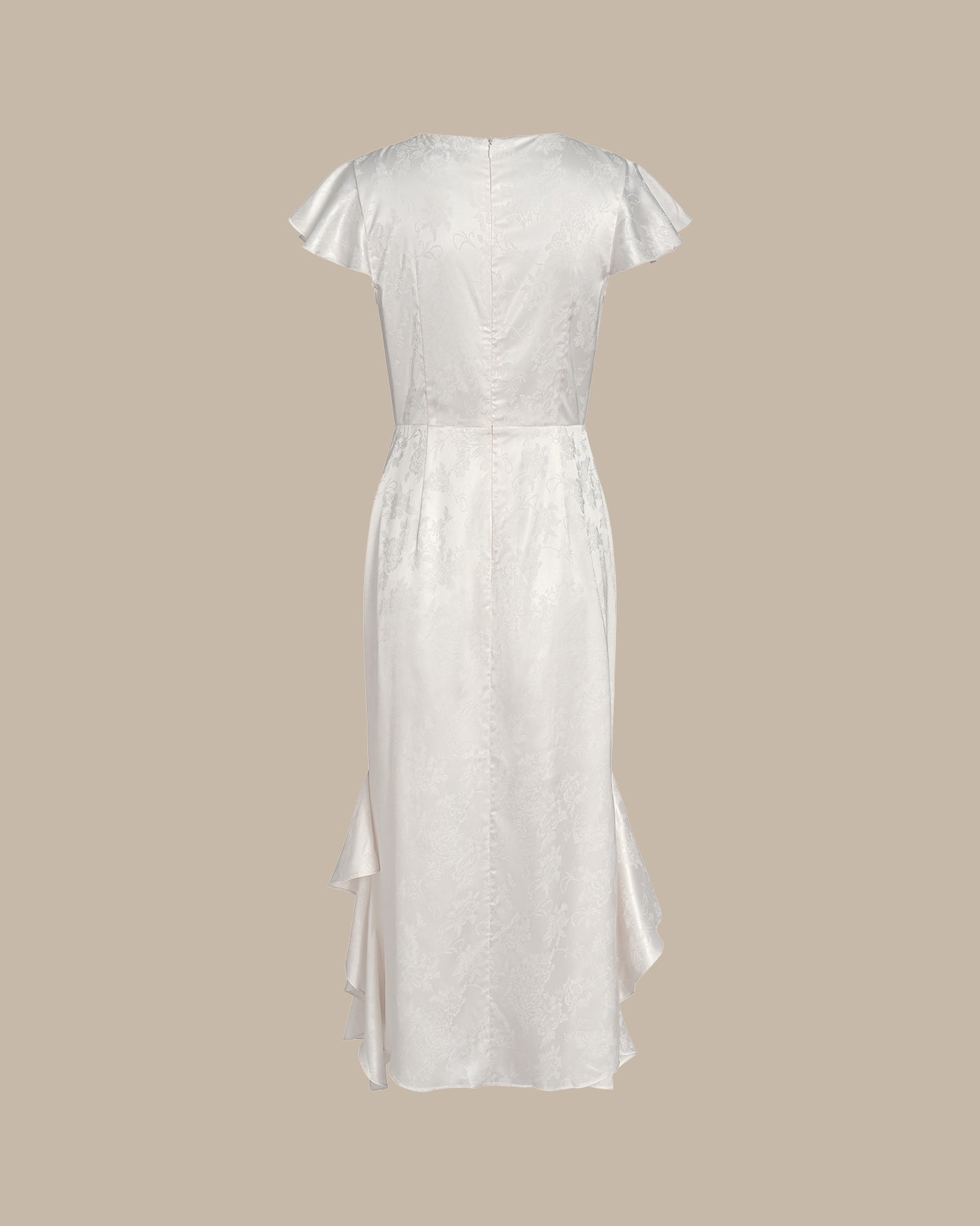 Beige Båt Hals Jacquard Volang Midi Klänning