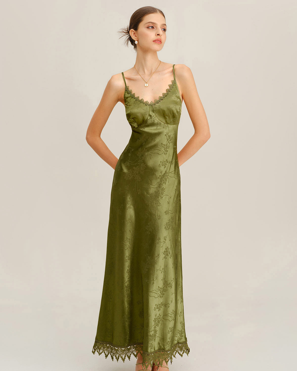 Grön Jacquard Korsett Slip Maxi Klänning