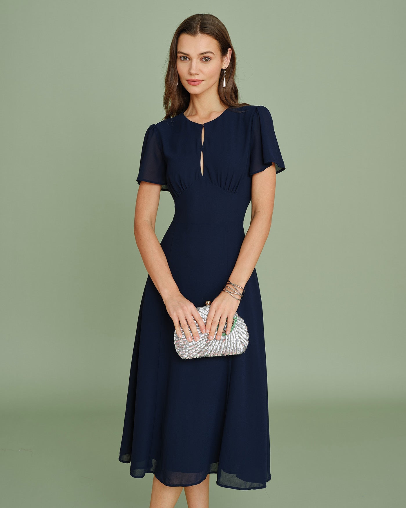 Marinblå Chiffon Midi Klänning