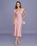 Rosa V-ringad spets satin midi klänning
