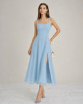 Blå Fyrkantig Halsringning Slits Chiffon Midi Klänning