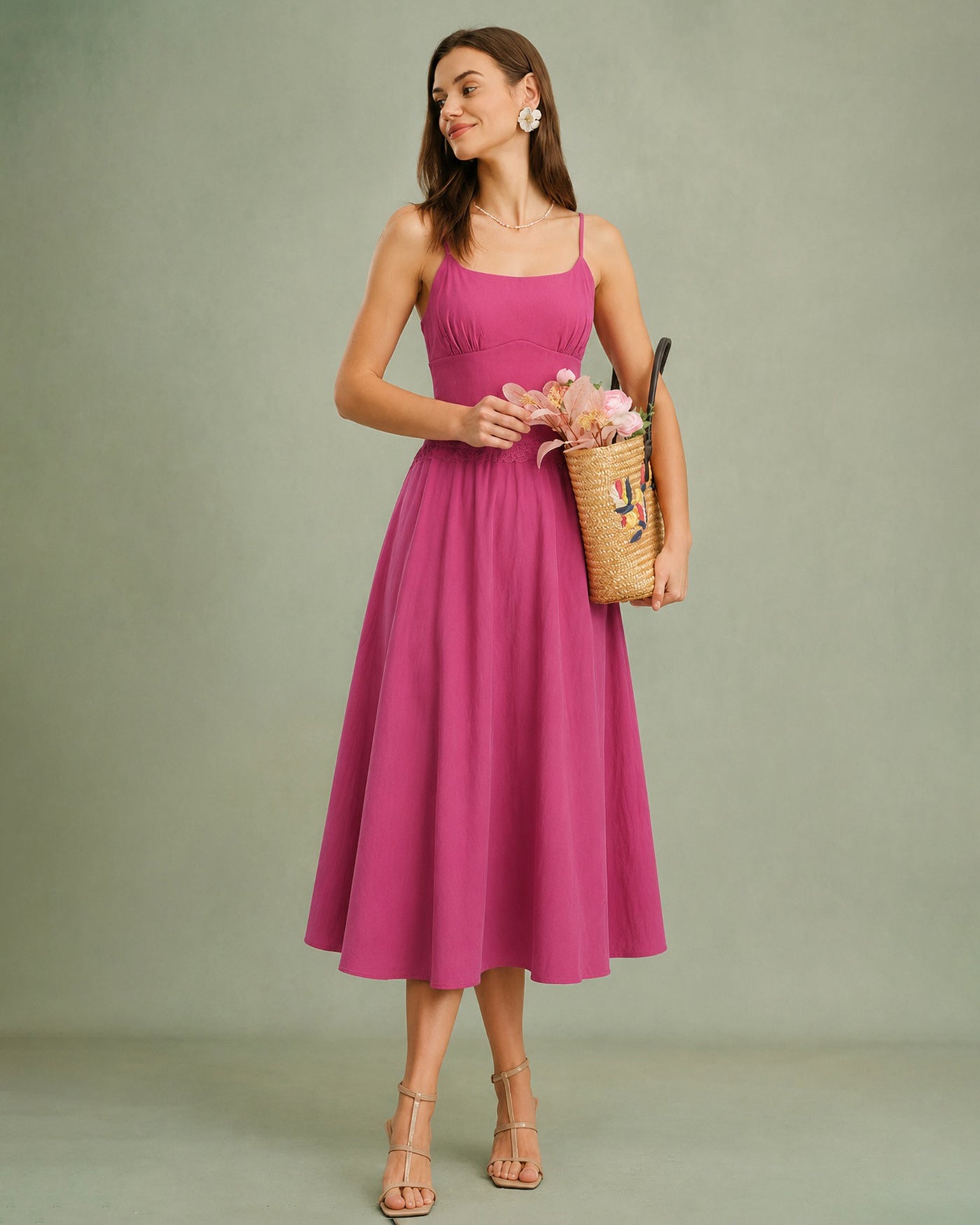 Rosa Spetsfickor Slip Midi Klänning