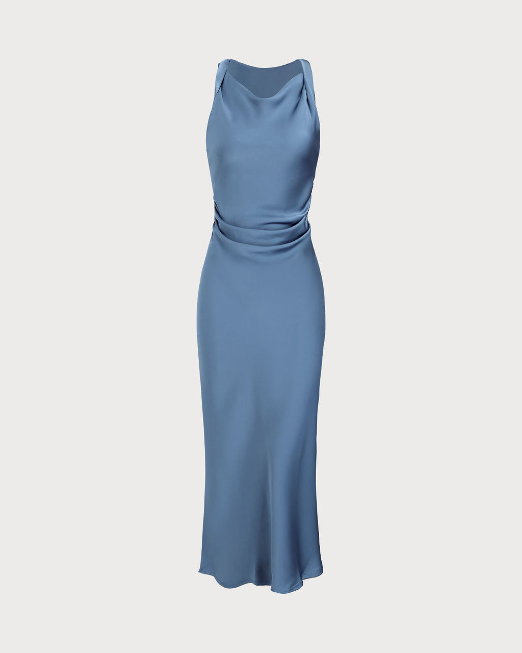 Blå Satin Båtringad Slip Midi Klänning