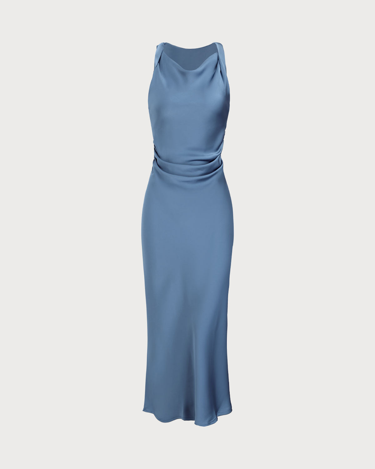 Blå Satin Båtringad Slip Midi Klänning