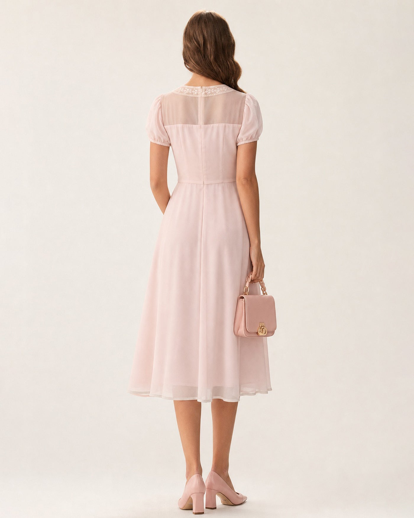 Rosa Fyrkantig Halsringning Spets Chiffon Midi Klänning