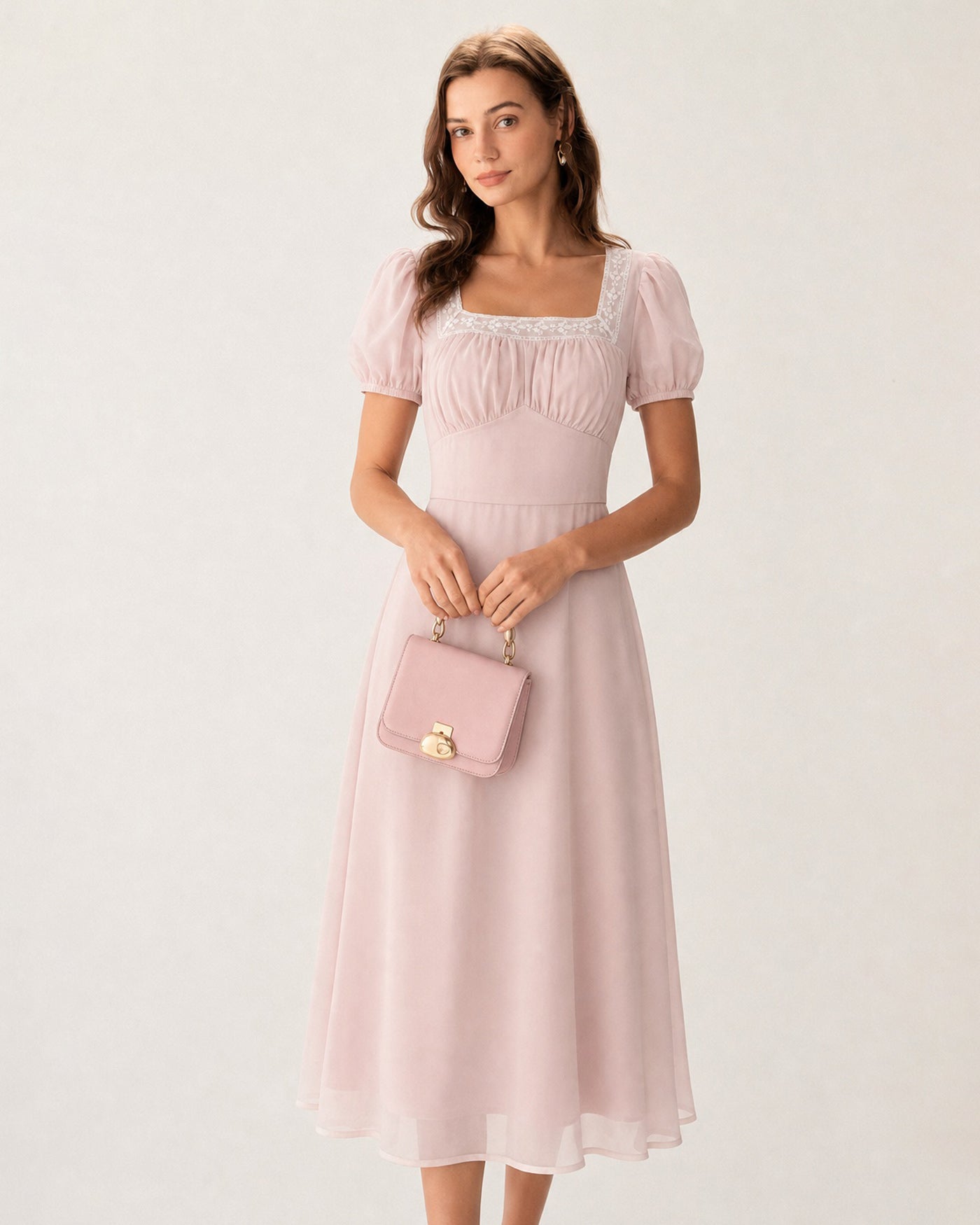 Rosa Fyrkantig Halsringning Spets Chiffon Midi Klänning