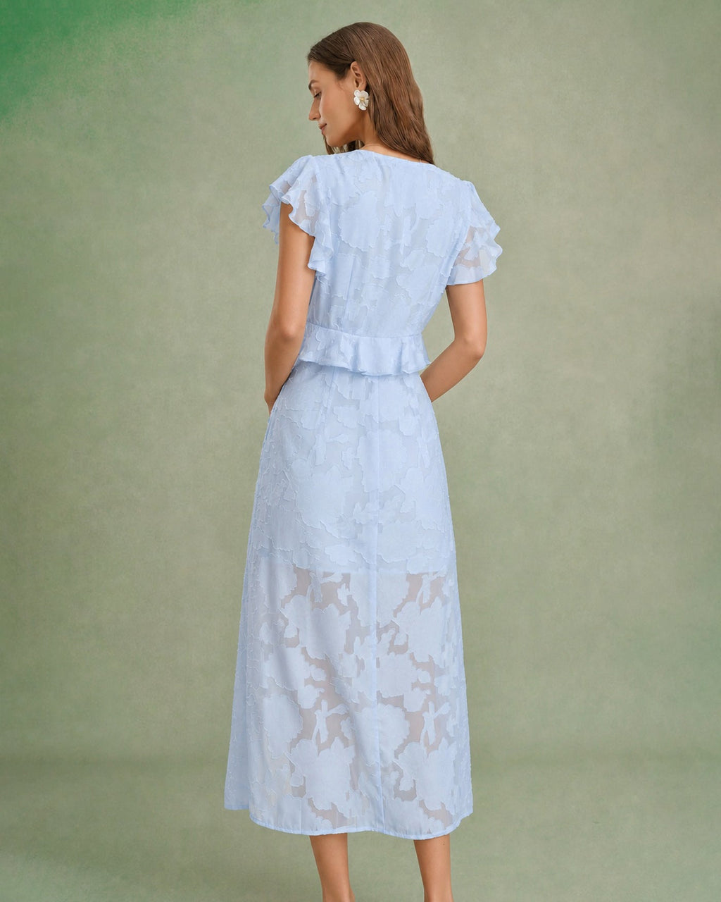 Blå V-ringad Jacquard Volang Midi Klänning