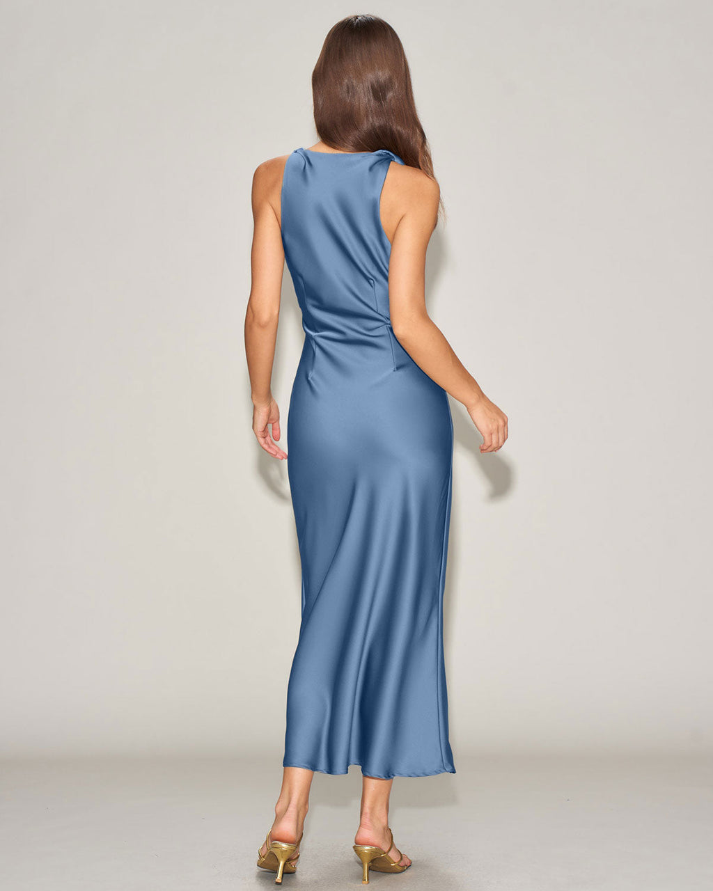 Blå Satin Båtringad Slip Midi Klänning